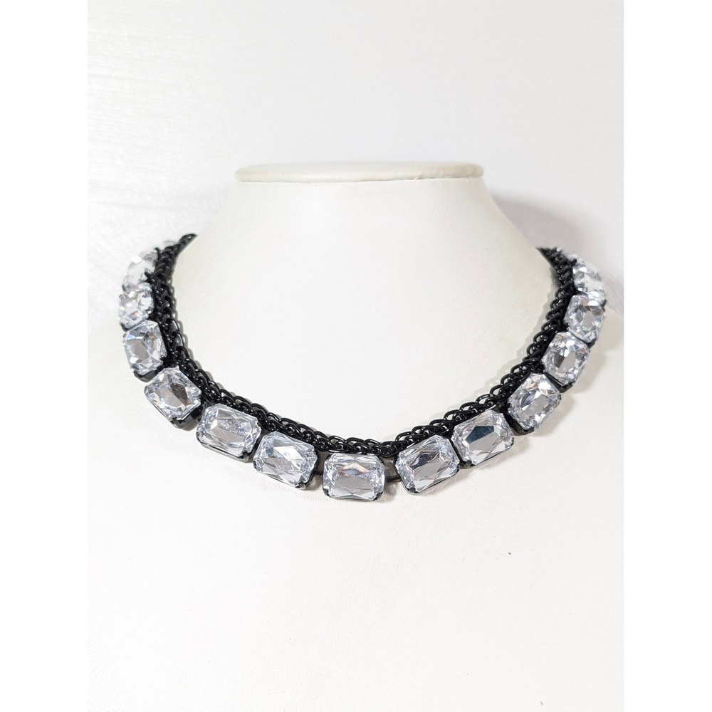 Black Metallic Bead Clear Rhinestone Statement Necklace Glam Gothic 18 Inch